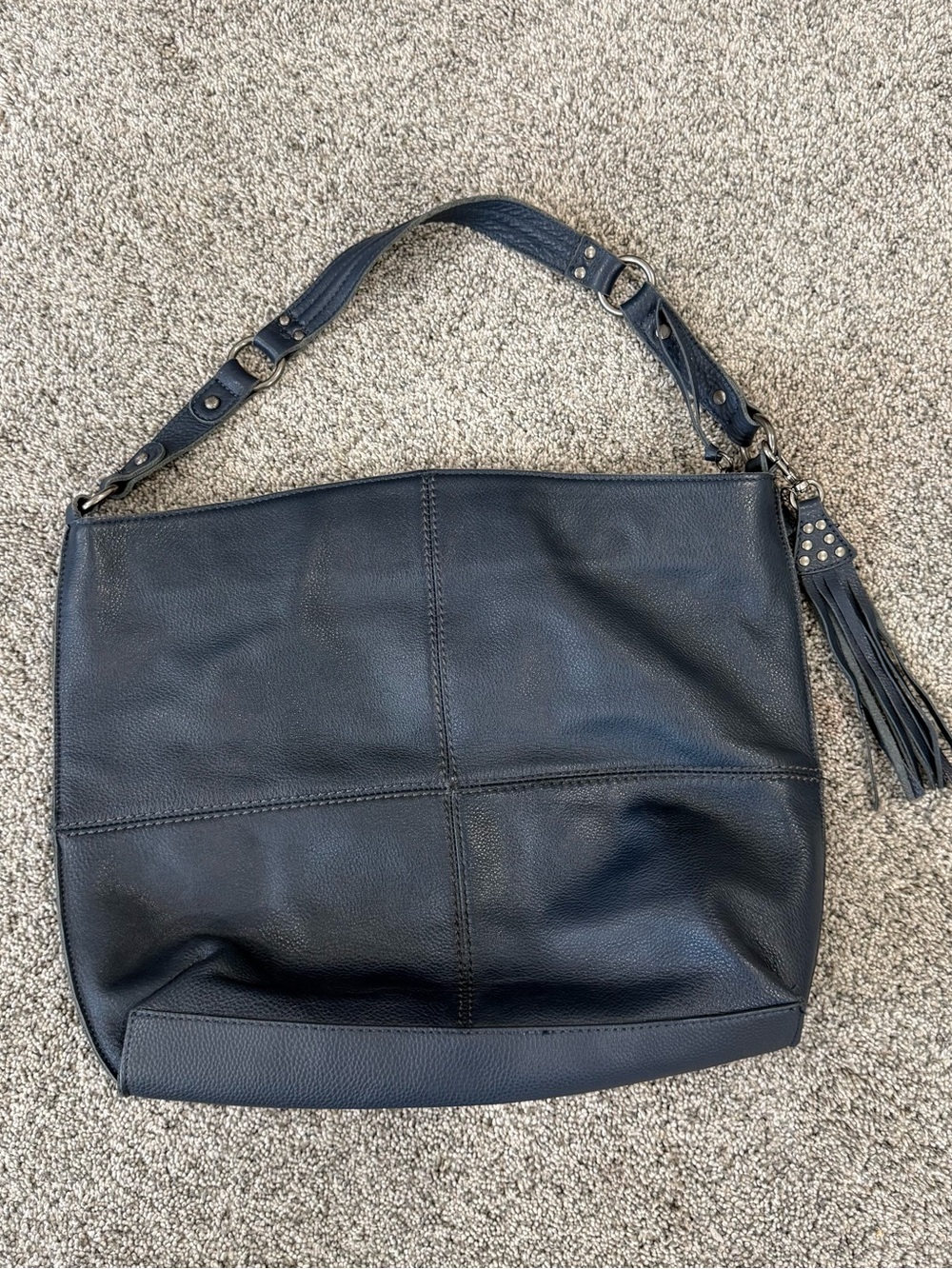 The Sak Silverlake Dark Blue Leather Hobo Shoulder Bag Zip Closure Tassels